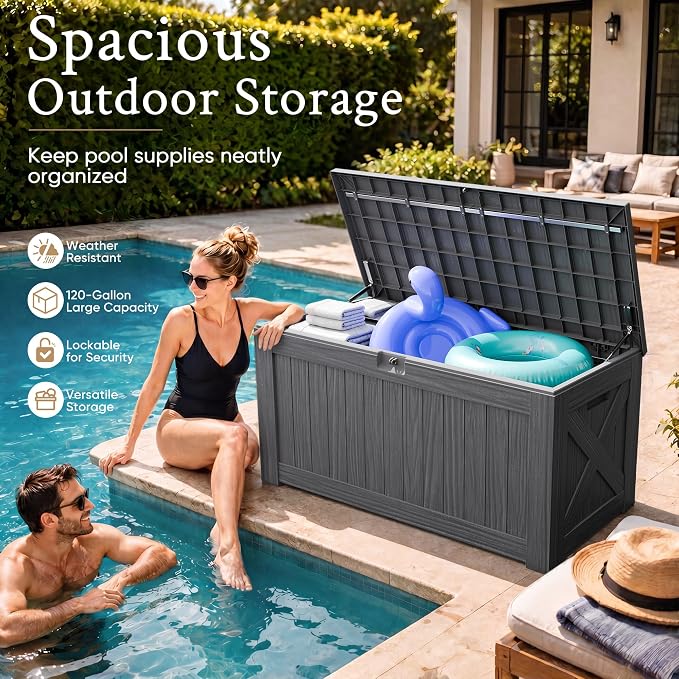 Devoko 120 Gallon Deck Box Resin Outdoor Storage Box Waterproof for Patio, Large Outdoor Storage Bench Lockable for Outside (Grey)