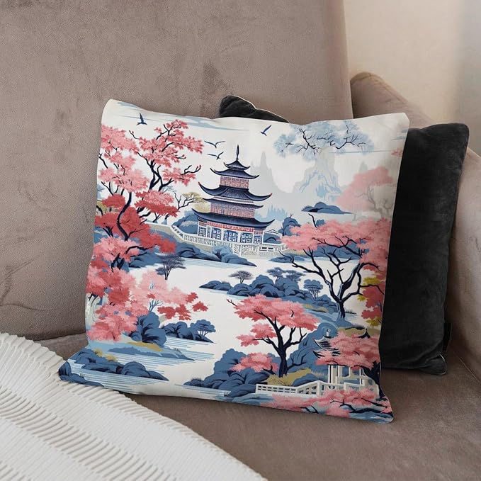 Chinoiserie Pagoda White Coral Blue Pillow Cover Chinoiserie Chic Asian Cushion Cover 16x16 INAbstract Accent Outdoor Garden Decoration for Couch Sofa Patio