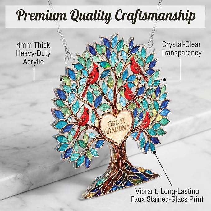 Grandma Gifts, Gifts for Grandma, Grandma Birthday Gifts, Tree of Love 4 inch Suncatcher for Great Grandma, Cardinal Bird Family Tree Window Hanging Decor with Keepsake Message Card