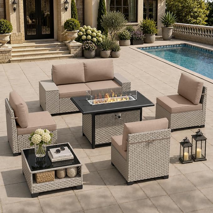 7-Piece Outdoor Patio Furniture Set with Fire Pit, Modular Sectional Sofa Set with Glass Coffee Table and Cushions, Wicker Outdoor Couch Conversation Sets, Khaki