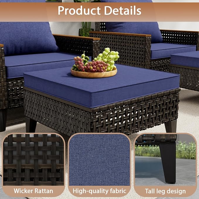 8 Piece Patio Sectional Sofa Set with 50000 BTU Fire Pit Table, All-Weather Wicker Rattan Outdoor Conversation Set, High Back, for Garden, Porch, Poolside, Blue