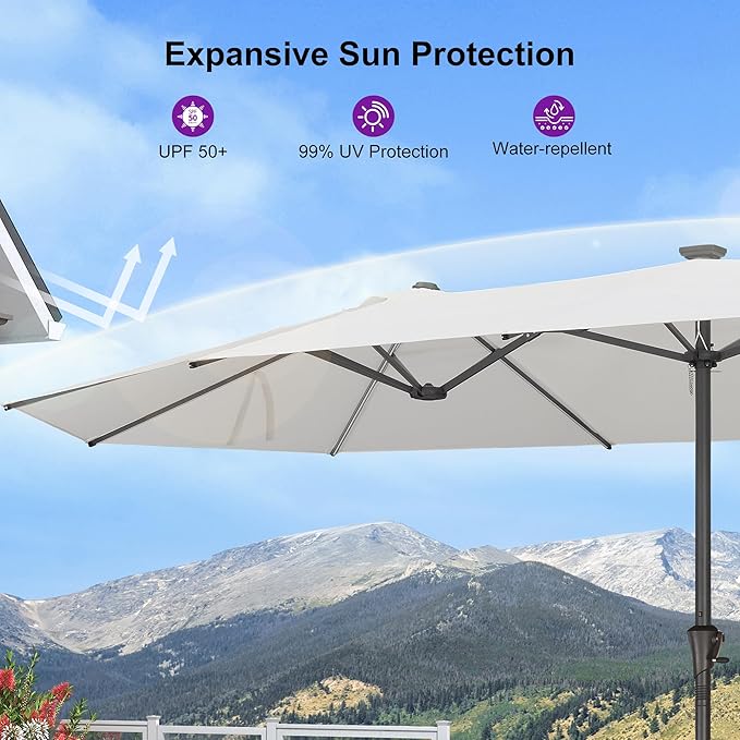 PURPLE LEAF 15ft Double-Sided Patio Umbrella with Base and Solar Lights Outdoor Market Umbrella with Crank Handle Rectangle Umbrella for Backyard Pool Garden Deck, Cream