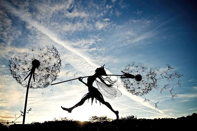 Fcteap Flower Fairy Dancing with Dandelion Garden Art Sculpture Stainless Steel Statue Christmas Halloween Decoration for Outdoor Yard Courtyard Lawn Patio Metal Ornaments (Long Travel)