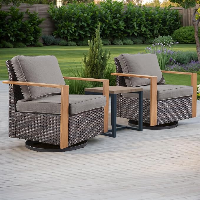 Outdoor Patio Swivel Rocker Chairs - 3 Piece Wicker Patio Furniture Bistro Set with 2 Swivel Rocking Chairs and 1 Metal Side Table,Thick Cushions,Deep Seating for Deck Porch Garden(Brown/Grey)