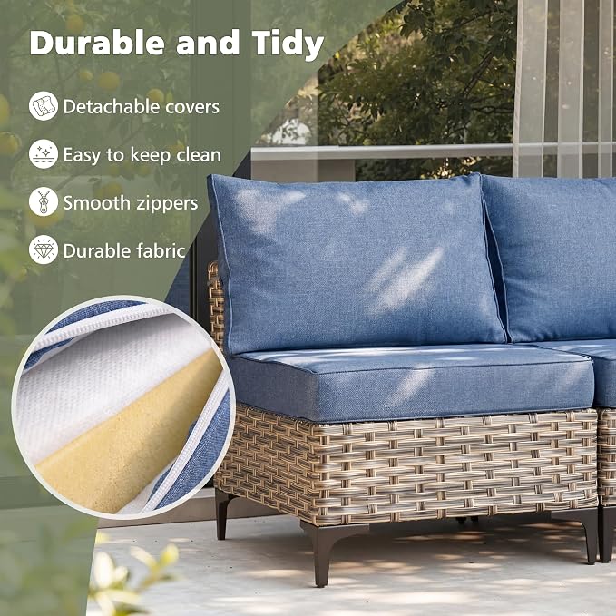 CAODOC 11-Piece Outdoor Sectional Sofa Set w/ 54" Fire Pit – L-Shaped Wicker Patio Furniture, Deep Seating & Swivel Rockers,Light Blue