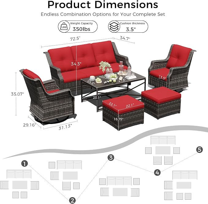 Outdoor Patio Furniture Set, 6 Piece Wicker Patio Furniture with Thick Cushions, Curved Armrest, Deep Seating, Outdoor Swivel Rocker Chairs for Porch, Deck, Balcony