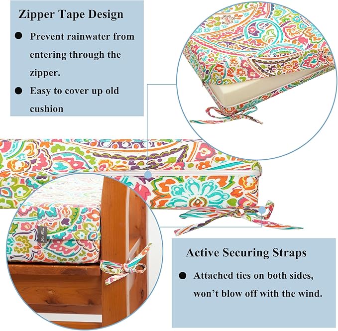 FUNHOME 2 Pack Outdoor Cushion Slipcovers 24" x 22" x 4", No Insert! Water-Resistant Patio Chair Seat Cushion Covers with Zipper and Tie, Replacement Cover Only(Melora Paisley)