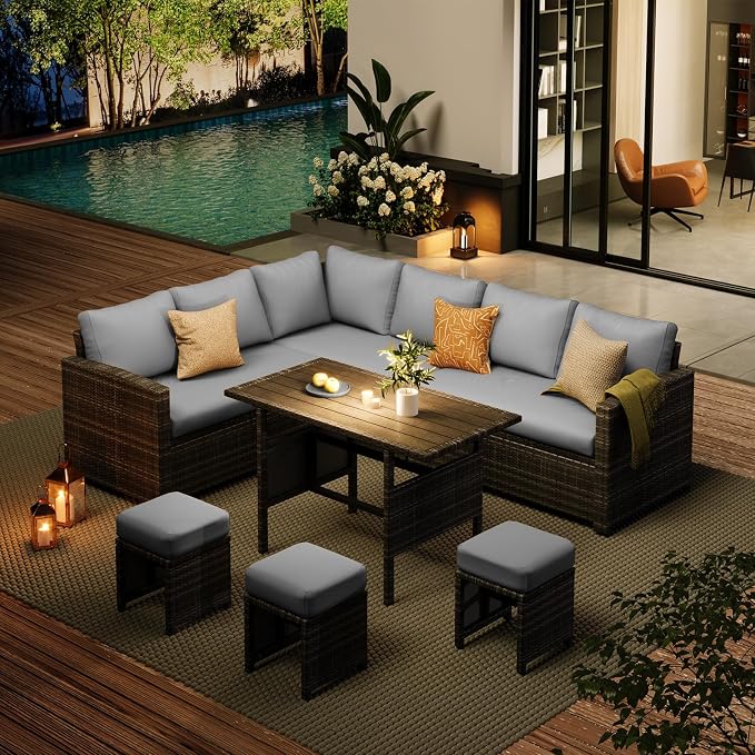 AECOJOY Outdoor Patio Furniture Set, 7 Pieces Clearance Sectional Rattan Dining Table&Chairs, All Weather Wicker Conversation Sofa Couch with Ottoman, Grey Cushions&Grey Rattan