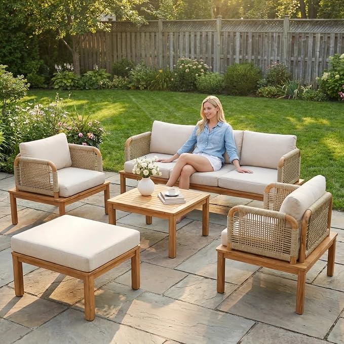 5-Piece Patio Furniture Set, Outdoor Conversation Set with Acacia Wood, Coffee Table and Ottoman, All-Weather Cushions for Backyard, Garden and Poolside(C-Beige)