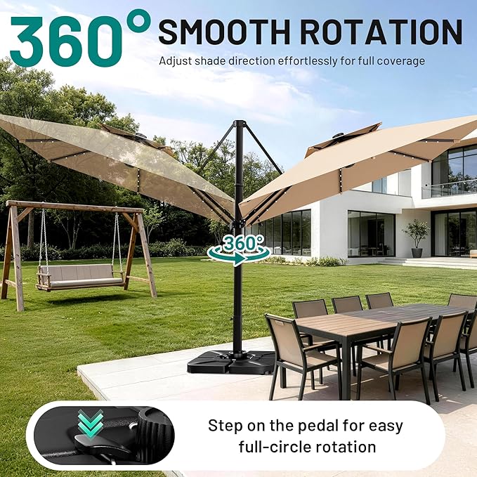 AreShark 10×10FT Solar LED Cantilever Umbrella, Double-Top Outdoor Patio Offset with 360 Degree Rotation, Square Offset Hanging Umbrella for Garden Deck Pool, Beige