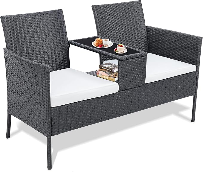 KROFEM Wicker 2-Seat Patio Conversation Sets, Outdoor Rattan Loveseat with Side Table and Removable Soft Cushion, Perfect for Backyard, Garden and Lawn, White