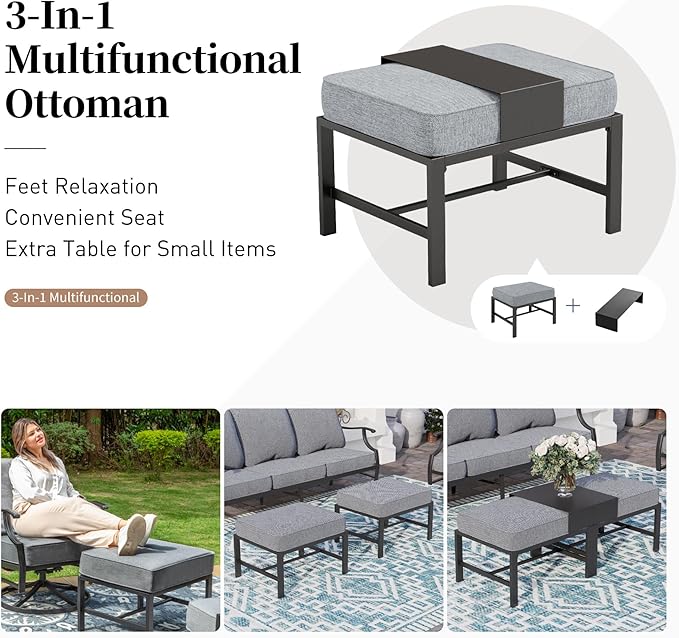 SUNSHINE VALLEY 7 Piece Metal Outdoor Patio Furniture Sets, Patio Conversation Sets 1 3-seater Sofa, 2 Fixed Chair, 2 Rocking Chair, 2 Ottomans with 5.75" Thick Cushion, Black Backyard Furniture, Gray
