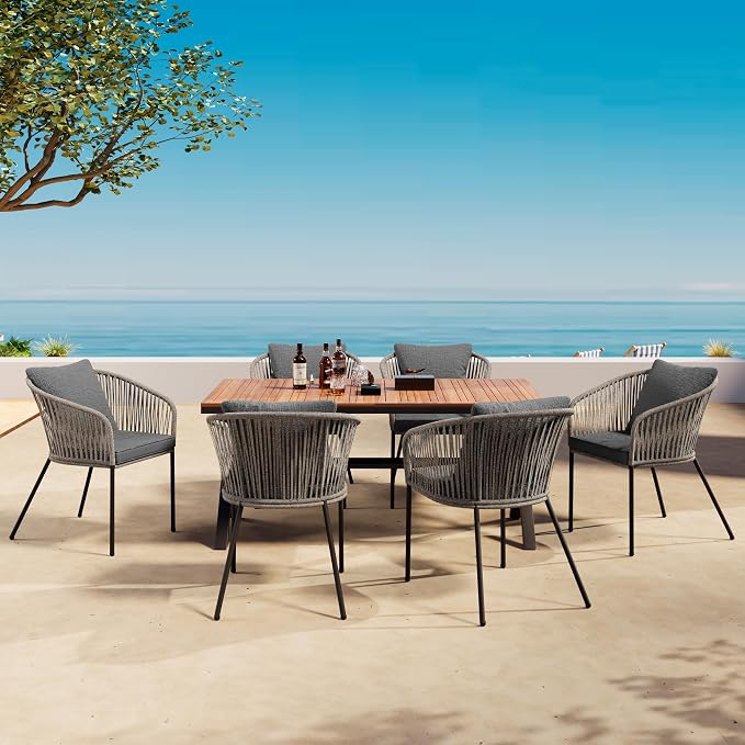 7 Pieces Patio Dining Set, All-Weather Outdoor Furniture Set with Dining Table and Chairs, Acacia Wood Tabletop, Metal Frame, for for Garden, Backyard, Balcony, Grey