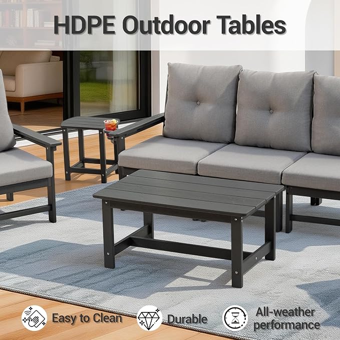 HDPE 7 Piece Patio Furniture Set, Outdoor Sectional Sofa with Coffee Table, Side Table and Seat Cusions, Patio Conversation Set for Party, Backyard, Porch, Deck, Poolside, Grey