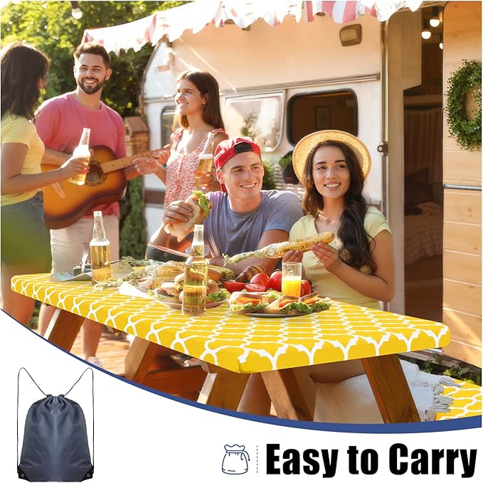 Smiry Picnic Table Cover with Bench Covers, Waterproof Elastic Fitted Tablecloth for 8 Foot Tables, Washable Polyester Tablecloths for Camping, Indoor & Outdoor (Yellow, 30x96 Inch 3-pc Set)