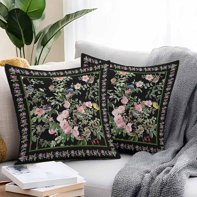 Vandarllin Outdoor Throw Pillows Covers 18x18 inch Set of 2 Waterproof Pink Floral Bird Decorative Zippered Cushion Covers for Patio Furniture, Green Leaves Branches Black Lumbar Pillowcases