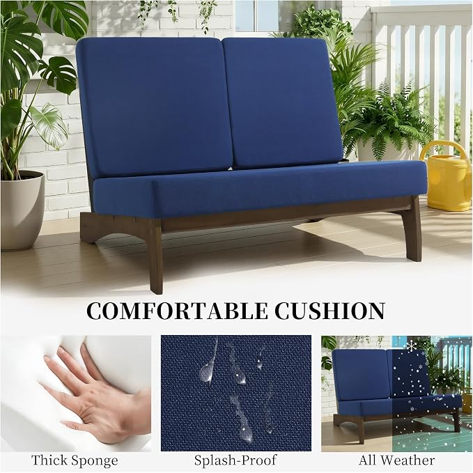 All Weather Wood Patio Furniture Sets, 3 Pieces Patio Loveseat Sofa Outdoor Sectional Futniture Backyard Conversation Set with Solid Wooden Coffee Table - Navy Blue