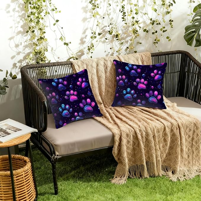 18x18 Inch Outdoor Pillow Covers Set of 2 Waterproof Throw Pillow Covers Decorative Couch Cushion Covers Neon Glowing Cat Paw Square Pillowcases Protectors for Patio Garden Sofa