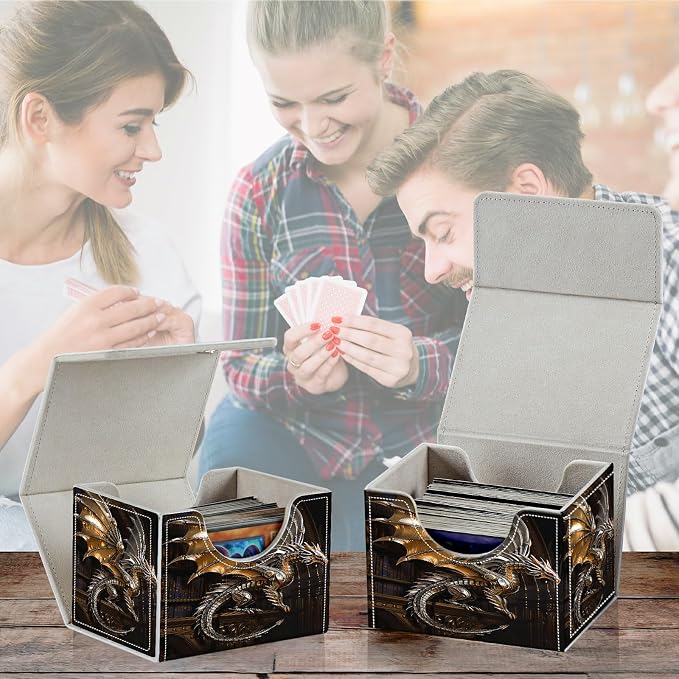Card Deck Box for MTG, Cards Storage Box Fits 120+ Sleeved, Leather Small Size Strong Magnetic Closing Card Case for Board Games Magic TCG CCG Baseball Collection, Mechanical Dragon