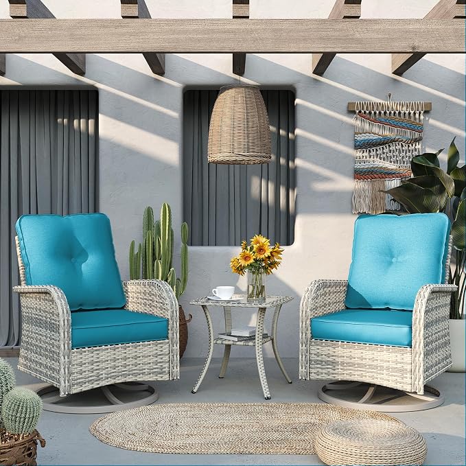 Patio Rocking Swivel Chair Outdoor Wicker Rattan Bistro Set with Tempered Glass Side Table, Outdoor Patio Furniture Set for Garden, Deck, and Balcony, Turquoise