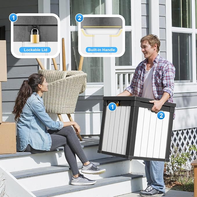 PatioZen 50 Gallon Resin Deck Box, Lockable Outdoor Storage Box for Patio Cushions Storage Furniture,Garden Tools, Pool Supplies, Weatherproof and UV Resistant (Black&White)
