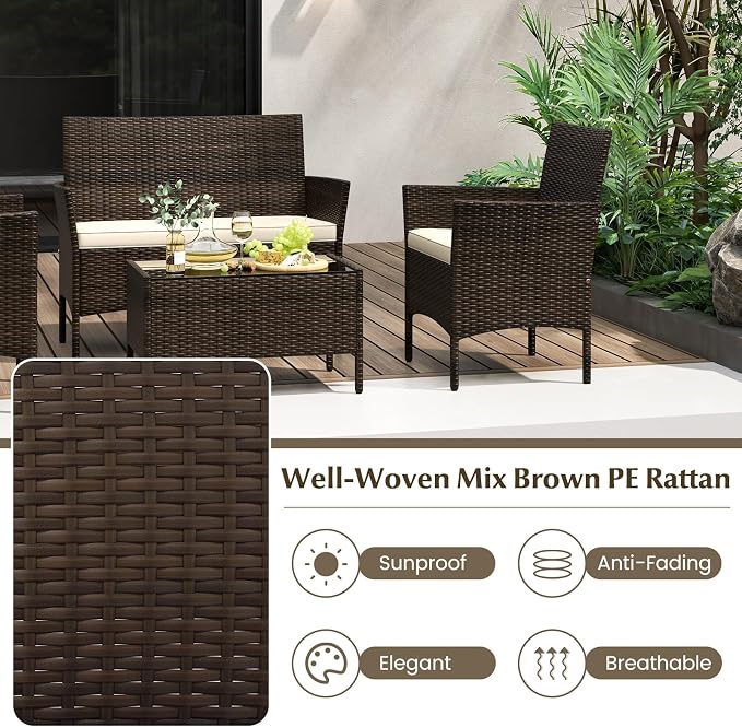 Tangkula 8 Piece Patio Rattan Conversation Set, Outdoor Wicker Furniture Set with Chair, Loveseat & Tempered Glass Table, Cozy Seat Cushions, Outside Sectional Sofa Set for Backyard, Porch (2, Beige)