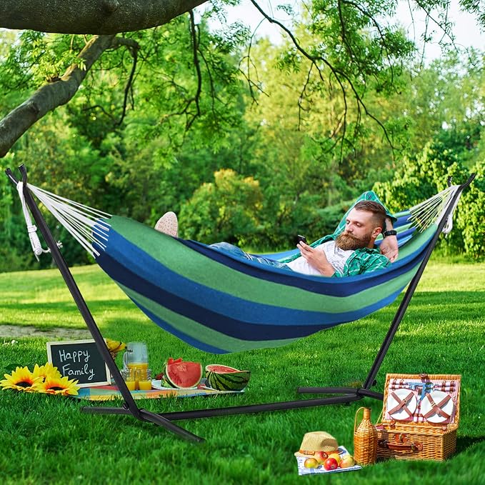 550lbs Capacity Double Hammock Adjustable Hammock Bed with 10ft Heavy Duty Steel Stand Includes Portable Carrying Case, Easy Set up Blue/Green a