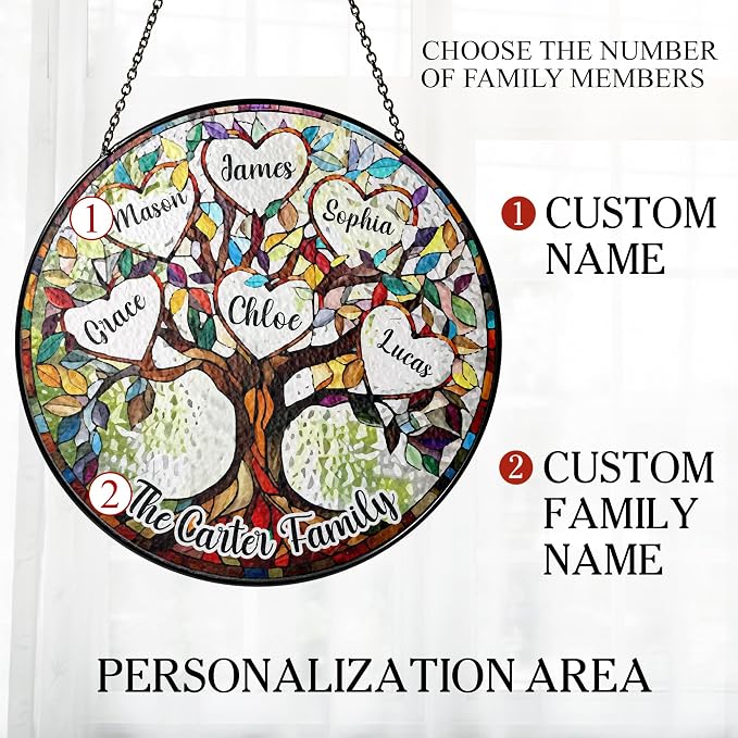 Personalized Family Tree Stained Glass Window Hanging Suncatcher - Warmness Father's Day, Mother's Day, Birthday Gift, Custom Family Name, Kid's Name