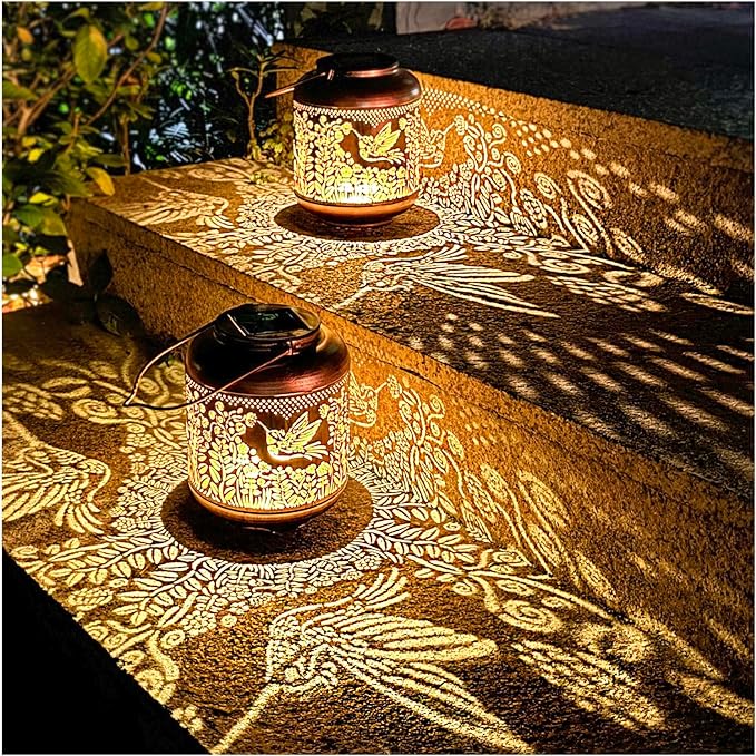 2 Pack Hummingbird Outdoor Solar Hanging Lanterns Waterproof LED Solar Lights Metal Decorative Lanterns for Garden, Patio, Courtyard, Backyard, Yard Decor Unique Hummingbird Gifts for Women Gardening