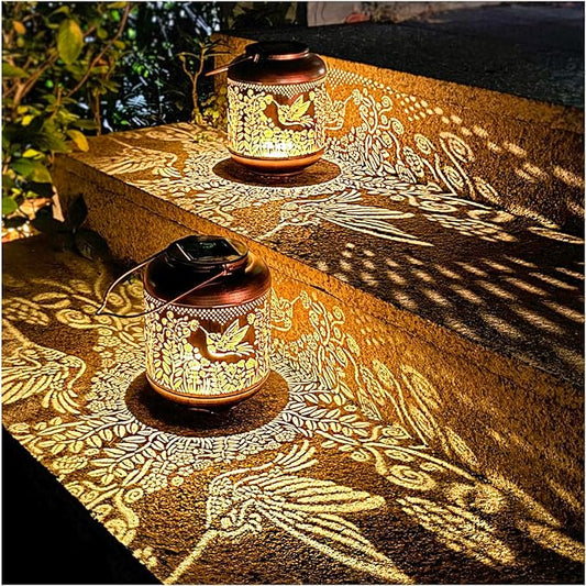 2 Pack Hummingbird Outdoor Solar Hanging Lanterns Waterproof LED Solar Lights Metal Decorative Lanterns for Garden, Patio, Courtyard, Backyard, Yard Decor Unique Hummingbird Gifts for Women Gardening