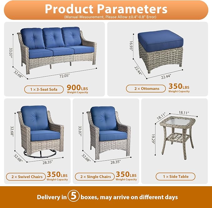 8 PCS Outdoor Patio Furniture Sets,Patio Conversation Sets Outside Rattan Soft Cushion Sofa with 2 Wicker Rocking Chairs Soft Cushion Fit Backyard Porch Garden Poolside Balcony,Navy Blue