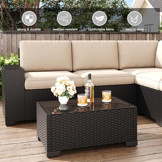 LayinSun 6 Pieces Patio Furniture Set, Black Rattan Modular Sectional Outdoor Conversation Sofa Set