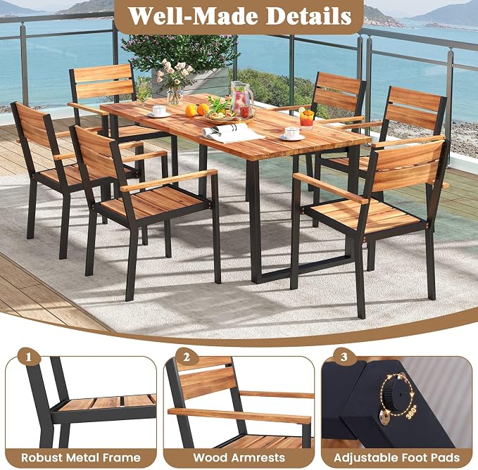 RELAX4LIFE 7-Piece Outdoor Dining Set - 63’’ Rectangular Acacia Wood Table w/6 Stackable Chairs & Metal Frame, Patio Furniture Set with Umbrella Hole for Garden Porch, Patio Table and Chairs Set for 6