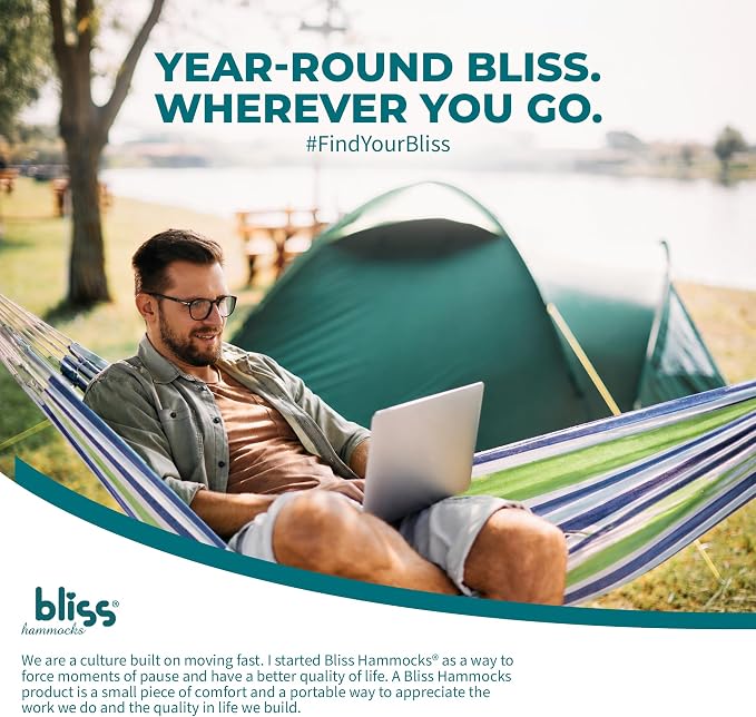 Bliss Hammocks Double Hammock with Rope Loops & Tree Straps, 265 lb, Blue Honu