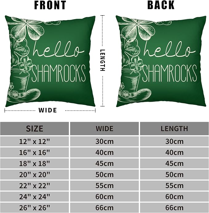 Set of 2 Saint Patrick's Day Pillow Covers Hello Shamrocks Lucky Charm Pillow Case 22x22 Green Clovers Hat Cushion Covers for Office Couch Bed Living Room Outdoor
