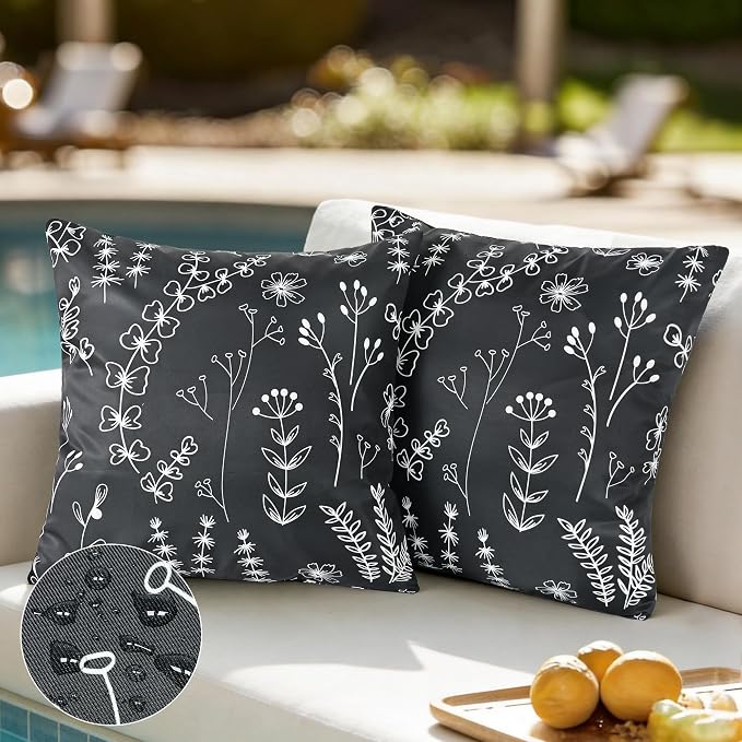 Black Floral Outdoor Pillow Covers 18x18 Inch Set of 2 | Waterproof Throw Pillow Cover, Summer Decorative Outdoor Cushion Cases for Patio Garden Beach Tent Balcony Couch Sofa