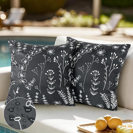 Black Floral Outdoor Pillow Covers 18x18 Inch Set of 2 | Waterproof Throw Pillow Cover, Summer Decorative Outdoor Cushion Cases for Patio Garden Beach Tent Balcony Couch Sofa