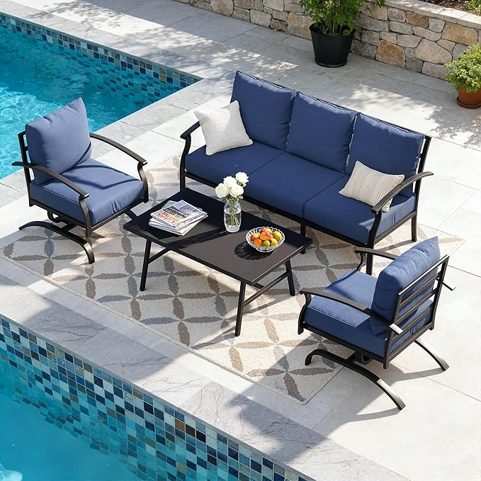 Kullavik Patio Furniture Set,4 Piece Metal Outdoor Patio Furniture Set,All Weather Modern Patio Conversation Sets w/3 Seater Sofa,2 Single Sofas and Coffee Table for Balcony Deck,NavyBlue