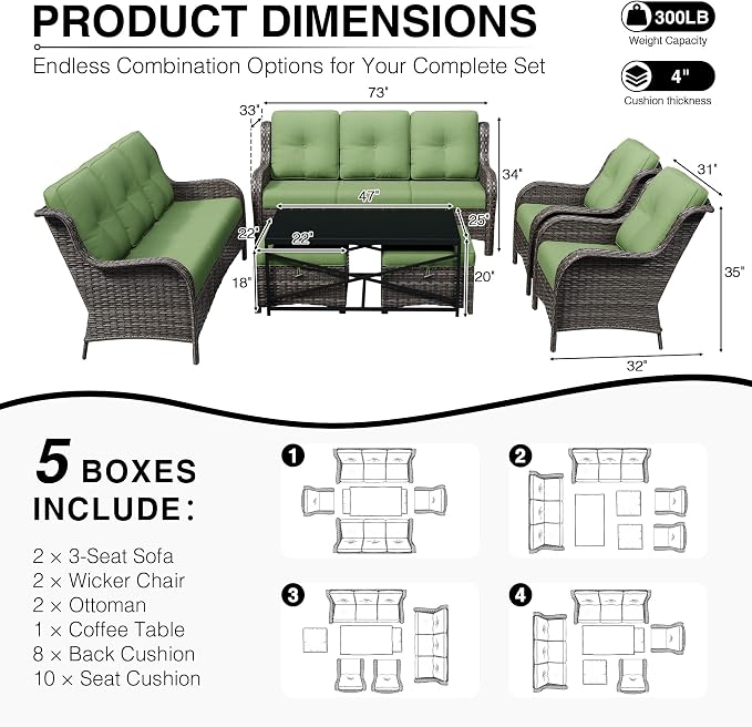 Joyside 7 Piece Wicker Patio Furniture Set, Rattan Patio Chairs with High Back, Deep Seating, Wide Armrest, Thickened Cushions, Outdoor Furniture for Deck, Porch Use