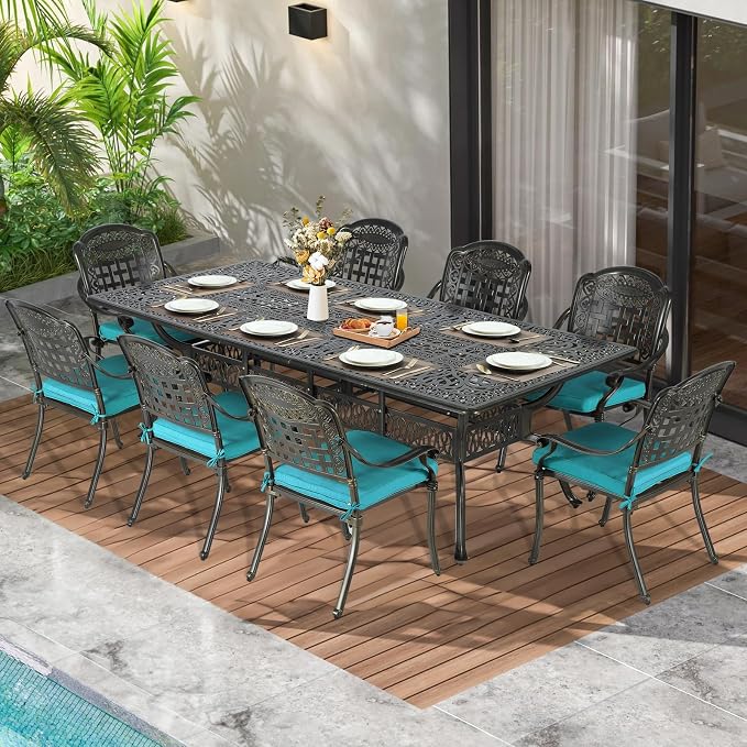 MEETWARM 9-Piece Outdoor Patio Dining Set for 8, All Weather Cast Aluminum Patio Funiture Table and Chairs Set- 94.5” Rectangular Table and 8 Cushioned Chairs for Garden, 2" Umbrella Hole, Ocean Blue