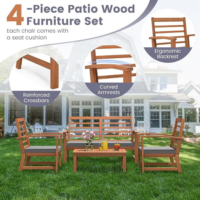 Tangkula 4 Pieces Outdoor Furniture Set, Acacia Wood Conversation Set w/Soft Seat Cushions, Stable Acacia Wood Frame, Patio Sofa & Coffee Table Set for Backyard, Porch, Poolside (Grey)