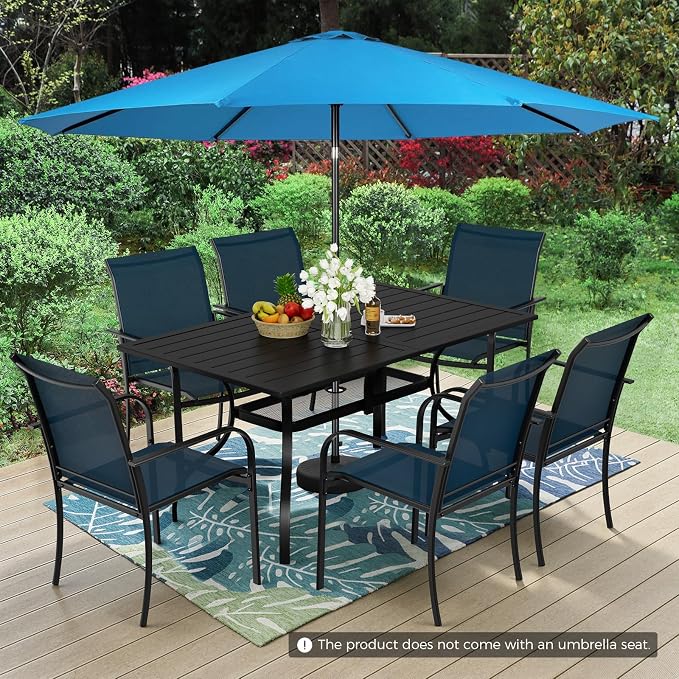 Incbruce 8 Pieces Patio Dining Set with Sky Blue Umbrella, Outdoor Dining Set of 6 Textilene Chairs and Rectangle Table with Umbrella Hole for Backyard, Garden, and Poolside (Blue)