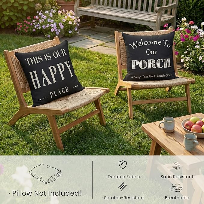Black and White Welcome to Our Porch Outdoor Pillow Covers Waterproof 18x18 Set of 2, Decorative Farmhouse Outdoor Throw Pillows 18 x 18, Back Porch Decor Patio Furniture Pillows (Without Inserts)