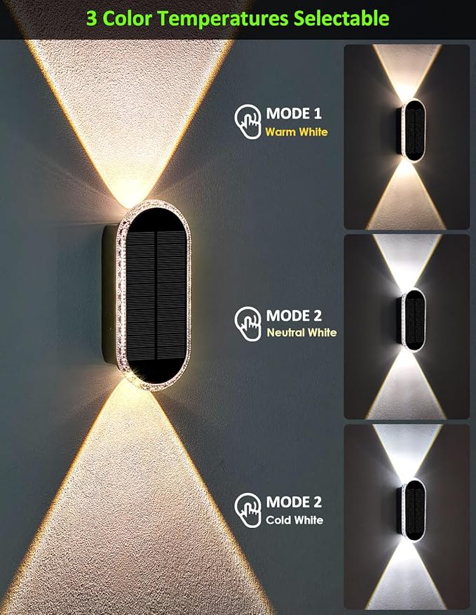 Solar Fence Lights Outdoor, 3000K/4000K/6000K 3 Modes Solar Wall Lights Outdoor Waterproof, Up&Down Dual-Head Outdoor Solar Lights for Yard House Fence Backyard Deck Garden Patio Porch, 2 PK