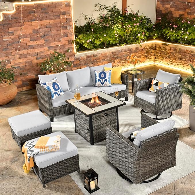 ovios 7 Pieces Patio Furniture Set with Square Fire Pit Table, Swivel Rocking Chairs, Outdoor High Back Wicker Rattan Conversation Set for Deck Porch, Grey