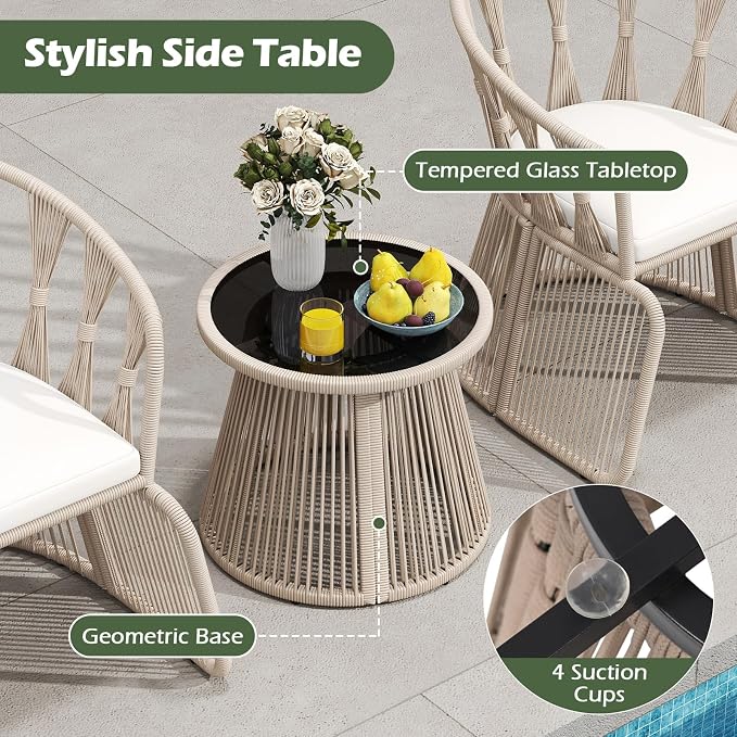 Tangkula 3 Piece Patio Leisure Chair Set, Outdoor Rope-Woven Cushioned Armchairs & Table Set with Tempered Glass Tabletop, for Balcony, Porch, Backyard (Off White)