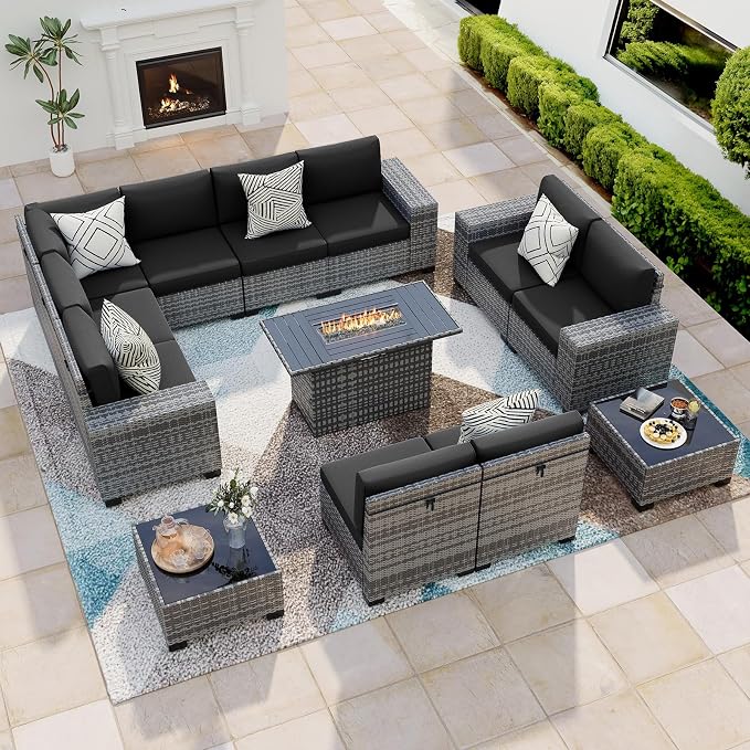 13 Piece Patio Furniture Set with Fire Pit Table, Outdoor Sectional Conversation Sets Grey Wicker Rattan Sectional Sofa for Patio Garden Backyard, 4'' Thickened Cushion Black