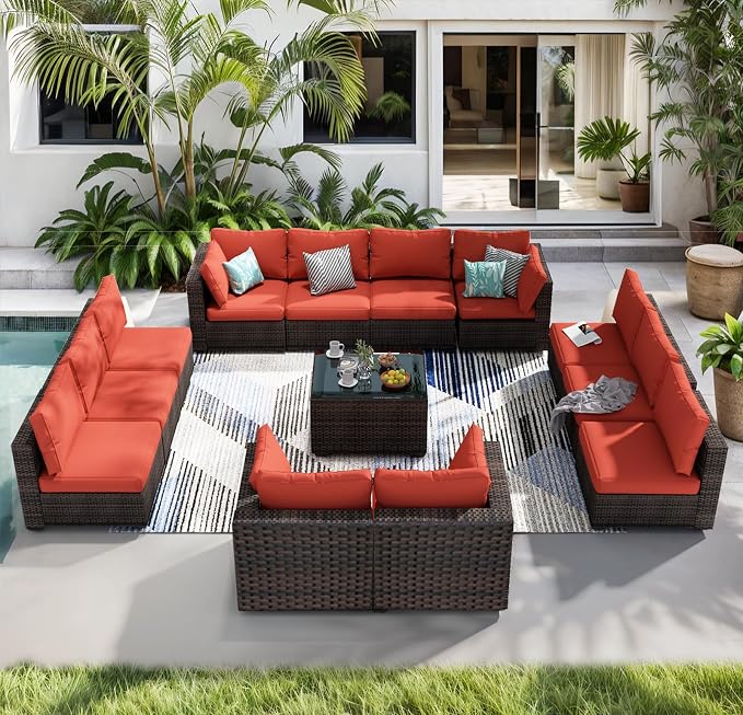 13 Piece Patio Furniture Set All Weather PE Rattan Outdoor Sectional Sofa Couch with No-Slip Cushions and Glass Top Table for Garden, Poolside, Backyard (Red)