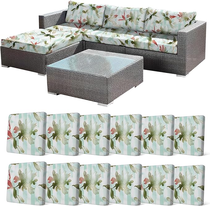 CALBODE 12Pcs Stretch Patio Cushion Cover, Striped Floral Pattern Couch & Sofa Slipcovers for Patio Furniture Cushions Washable Reusable Couch Covers Replacement for Spring Summer Autumn (Cover Only)
