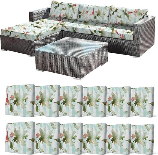 CALBODE 12Pcs Stretch Patio Cushion Cover, Striped Floral Pattern Couch & Sofa Slipcovers for Patio Furniture Cushions Washable Reusable Couch Covers Replacement for Spring Summer Autumn (Cover Only)